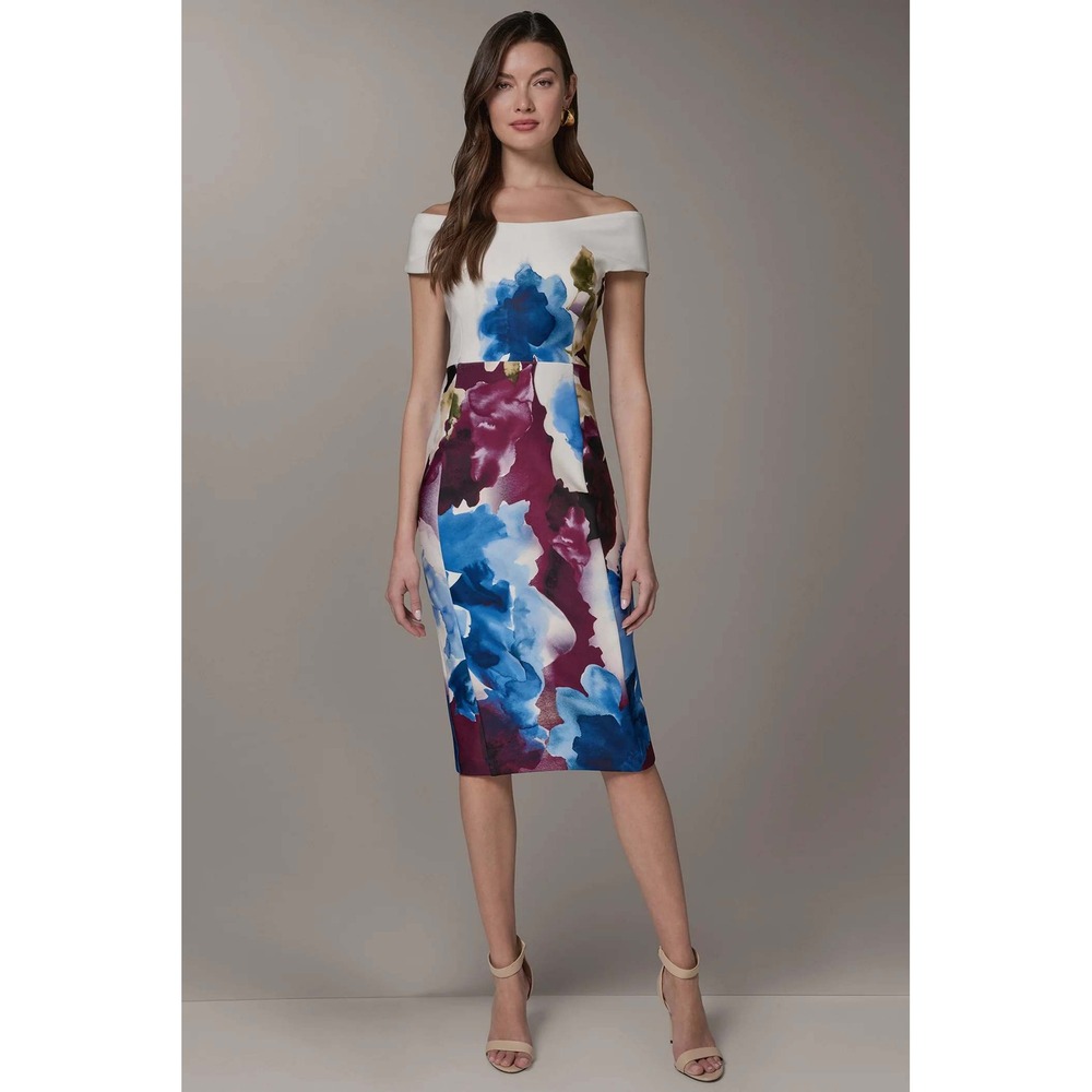 Donna Karan New York Floral Watercolor Off-the-Shoulder Midi Sheath Dress 10 NEW